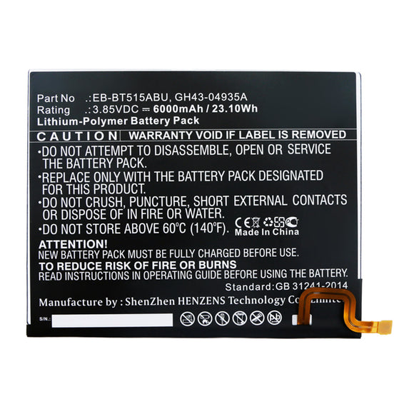 Batteries N Accessories BNA-WB-P13801 Tablet Battery - Li-Pol, 3.85V, 6000mAh, Ultra High Capacity - Replacement for Samsung EB-BT515ABU Battery
