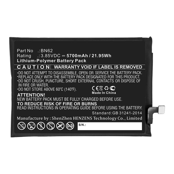 Batteries N Accessories BNA-WB-P14858 Cell Phone Battery - Li-Pol, 3.85V, 5700mAh, Ultra High Capacity - Replacement for Redmi BN62 Battery