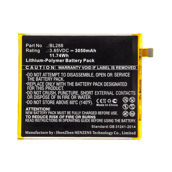 Batteries N Accessories BNA-WB-P12278 Cell Phone Battery - Li-Pol, 3.85V, 3050mAh, Ultra High Capacity - Replacement for Lenovo BL288 Battery