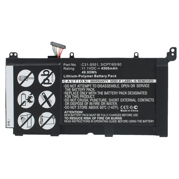 Batteries N Accessories BNA-WB-P10488 Laptop Battery - Li-Pol, 11.1V, 4500mAh, Ultra High Capacity - Replacement for Asus C31-S551 Battery