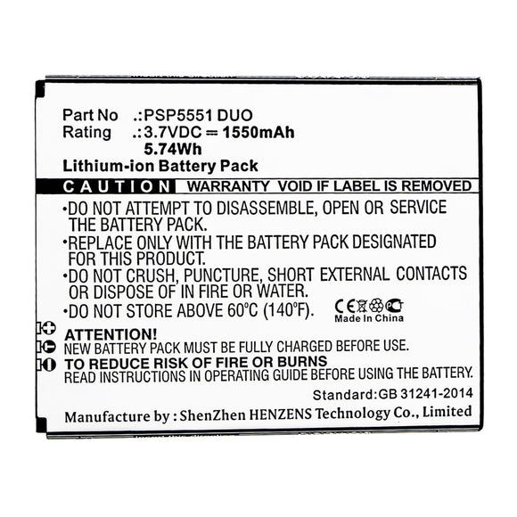 Batteries N Accessories BNA-WB-L14849 Cell Phone Battery - Li-ion, 3.7V, 1550mAh, Ultra High Capacity - Replacement for Prestigio PSP5551 DUO Battery