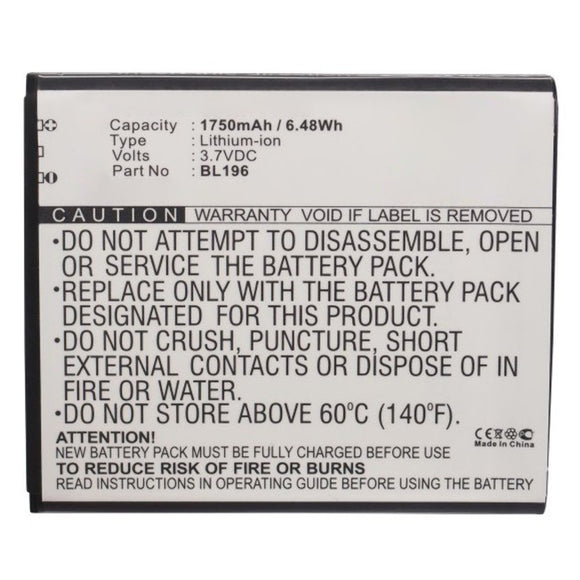 Batteries N Accessories BNA-WB-L12260 Cell Phone Battery - Li-ion, 3.7V, 1750mAh, Ultra High Capacity - Replacement for Lenovo BL196 Battery