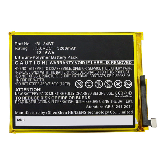 Batteries N Accessories BNA-WB-P13246 Cell Phone Battery - Li-Pol, 3.8V, 3200mAh, Ultra High Capacity - Replacement for Tecno BL-34BT Battery