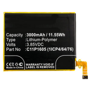 Batteries N Accessories BNA-WB-P9865 Cell Phone Battery - Li-Pol, 3.85V, 3000mAh, Ultra High Capacity - Replacement for Asus C11P1605 (1ICP4/64/76) Battery