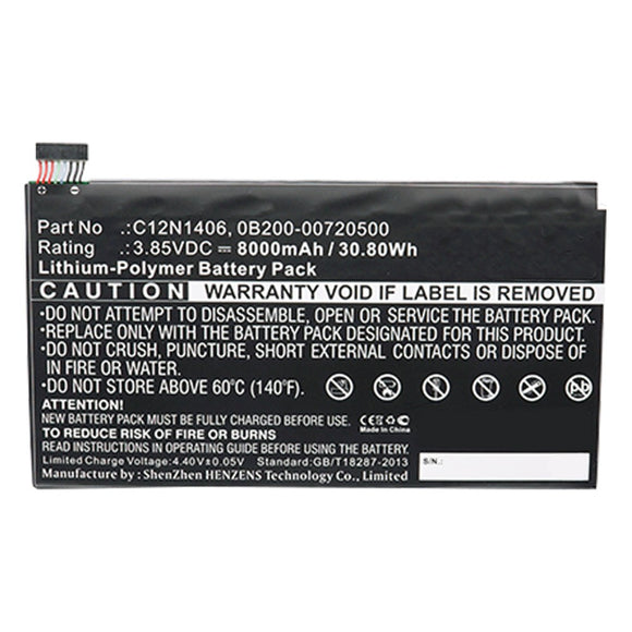 Batteries N Accessories BNA-WB-P11103 Tablet Battery - Li-Pol, 3.85V, 8000mAh, Ultra High Capacity - Replacement for Asus C12N1406 Battery