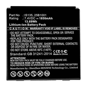 Batteries N Accessories BNA-WB-L14938 Credit Card Reader Battery - Li-ion, 7.4V, 1850mAh, Ultra High Capacity - Replacement for Pax 25B1001 Battery