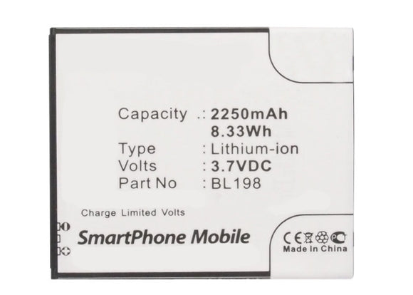 Batteries N Accessories BNA-WB-L3410 Cell Phone Battery - Li-Ion, 3.7V, 2250 mAh, Ultra High Capacity Battery - Replacement for Lenovo BL198 Battery
