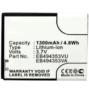 Batteries N Accessories BNA-WB-L4029 Cell Phone Battery - Li-ion, 3.7, 1300mAh, Ultra High Capacity Battery - Replacement for Samsung EB494353VA, EB494353VU Battery