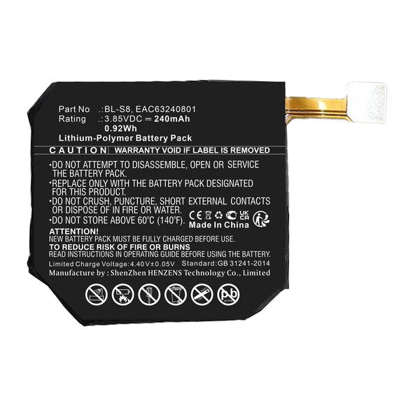 Batteries N Accessories BNA-WB-P17798 Smartwatch Battery - Li-Pol, 3.85V, 240mAh, Ultra High Capacity - Replacement for LG BL-S8 Battery
