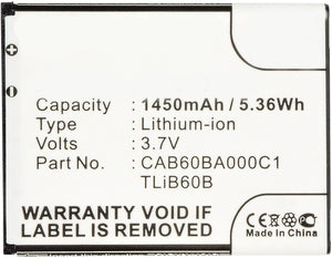 Batteries N Accessories BNA-WB-L3027 Cell Phone Battery - Li-Ion, 3.7V, 1450 mAh, Ultra High Capacity Battery - Replacement for Alcatel CAB60B0001C1 Battery