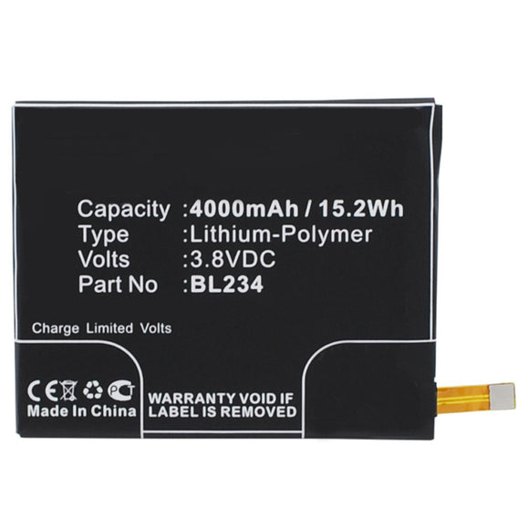 Batteries N Accessories BNA-WB-P3398 Cell Phone Battery - Li-Pol, 3.8V, 4000 mAh, Ultra High Capacity Battery - Replacement for Lenovo BL234 Battery