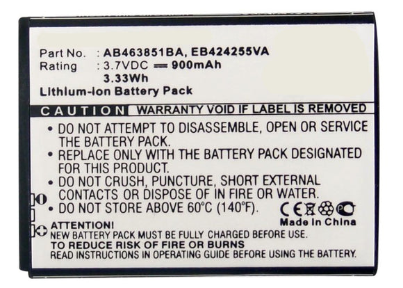Batteries N Accessories BNA-WB-L3947 Cell Phone Battery - Li-ion, 3.7, 900mAh, Ultra High Capacity Battery - Replacement for Samsung AB463851BA, EB424255VA Battery