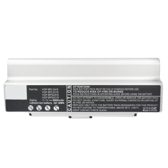 Batteries N Accessories BNA-WB-L10745 Laptop Battery - Li-ion, 11.1V, 8800mAh, Ultra High Capacity - Replacement for Sony VGP-BPL2A/S Battery