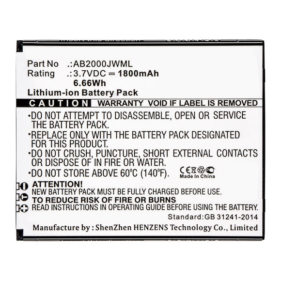 Batteries N Accessories BNA-WB-L14806 Cell Phone Battery - Li-ion, 3.7V, 1800mAh, Ultra High Capacity - Replacement for Philips AB2000JWML Battery