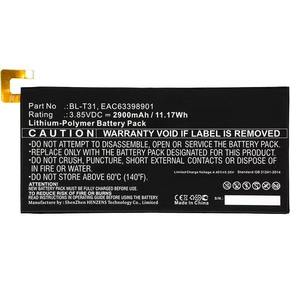 Batteries N Accessories BNA-WB-P8653 Tablets Battery - Li-Pol, 3.85V, 2900mAh, Ultra High Capacity Battery - Replacement for LG BL-T31, EAC63398901 Battery