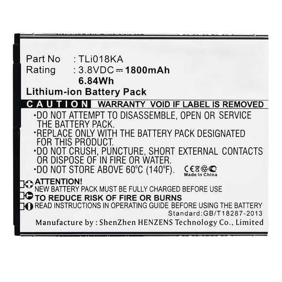 Batteries N Accessories BNA-WB-L13238 Cell Phone Battery - Li-ion, 3.8V, 1800mAh, Ultra High Capacity - Replacement for TCL TLi018JA Battery