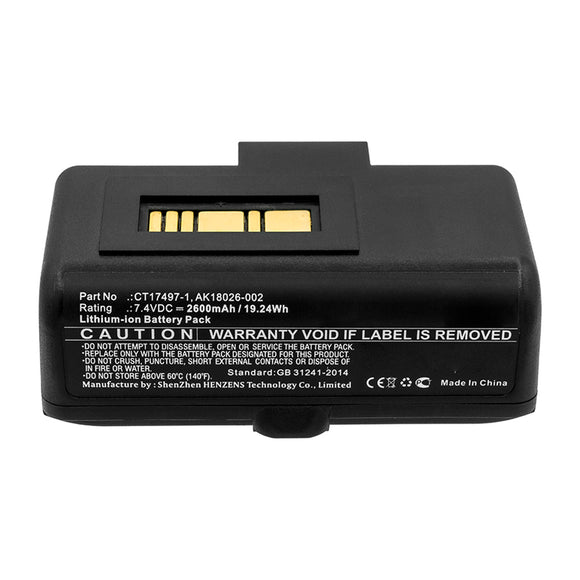 Batteries N Accessories BNA-WB-L14309 Printer Battery - Li-ion, 7.4V, 2600mAh, Ultra High Capacity - Replacement for Zebra AK18026-002 Battery