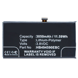 Batteries N Accessories BNA-WB-P3356 Cell Phone Battery - Li-Pol, 3.8V, 3050 mAh, Ultra High Capacity Battery - Replacement for Huawei HB494590EBC Battery