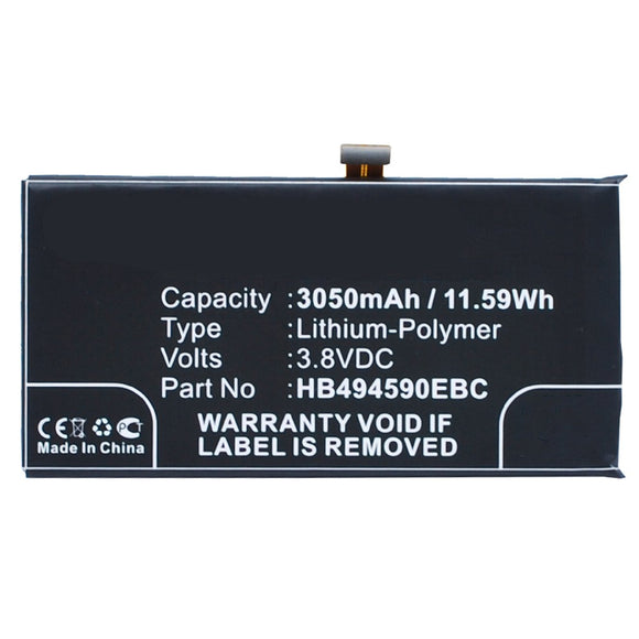 Batteries N Accessories BNA-WB-P3356 Cell Phone Battery - Li-Pol, 3.8V, 3050 mAh, Ultra High Capacity Battery - Replacement for Huawei HB494590EBC Battery