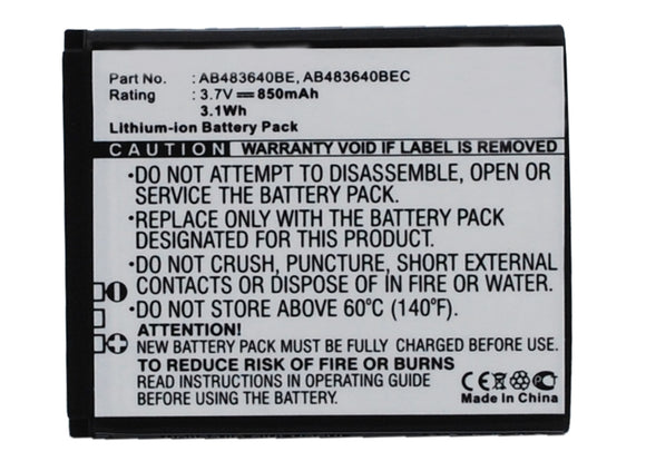 Batteries N Accessories BNA-WB-L3568 Cell Phone Battery - Li-Ion, 3.7V, 850 mAh, Ultra High Capacity Battery - Replacement for Samsung AB483640BE Battery