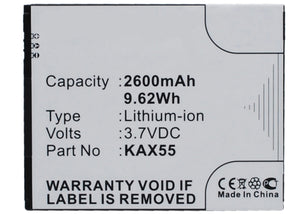 Batteries N Accessories BNA-WB-L3363 Cell Phone Battery - Li-Ion, 3.7V, 2600 mAh, Ultra High Capacity Battery - Replacement for KAZAM KAX55 Battery