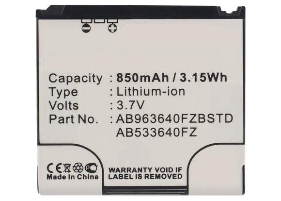 Batteries N Accessories BNA-WB-L3952 Cell Phone Battery - Li-ion, 3.7, 850mAh, Ultra High Capacity Battery - Replacement for Samsung AB533640FZ, AB963640FZBSTD Battery