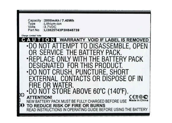 Batteries N Accessories BNA-WB-L3722 Cell Phone Battery - Li-Ion, 3.7V, 2000 mAh, Ultra High Capacity Battery - Replacement for ZTE Li3825T43P3H846739 Battery