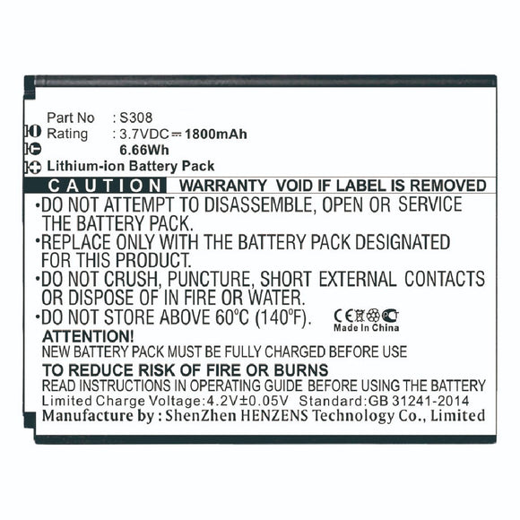 Batteries N Accessories BNA-WB-L10125 Cell Phone Battery - Li-ion, 3.7V, 1800mAh, Ultra High Capacity - Replacement for Cubot S308 Battery