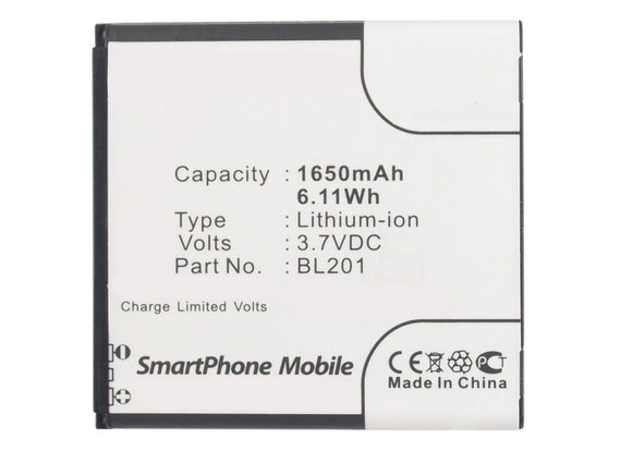 Batteries N Accessories BNA-WB-L3395 Cell Phone Battery - Li-Ion, 3.7V, 1650 mAh, Ultra High Capacity Battery - Replacement for Lenovo BL201 Battery