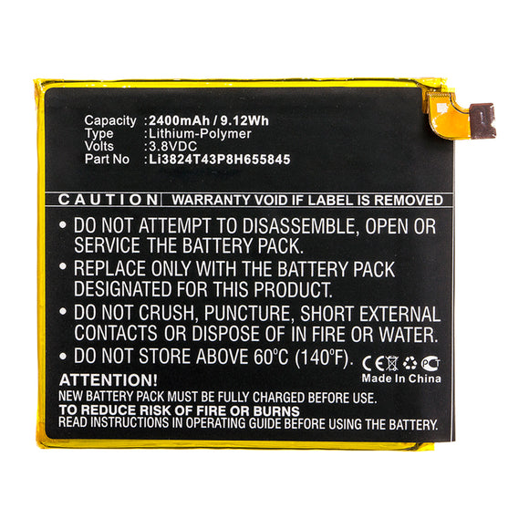 Batteries N Accessories BNA-WB-P14087 Cell Phone Battery - Li-Pol, 3.8V, 2400mAh, Ultra High Capacity - Replacement for ZTE Li3824T43P8H655845 Battery