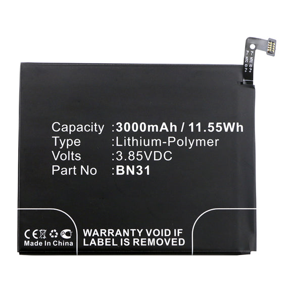 Batteries N Accessories BNA-WB-P14923 Cell Phone Battery - Li-Pol, 3.85V, 3000mAh, Ultra High Capacity - Replacement for Xiaomi BN31 Battery