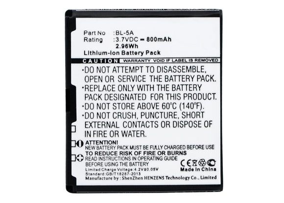 Batteries N Accessories BNA-WB-L3484 Cell Phone Battery - Li-Ion, 3.7V, 800 mAh, Ultra High Capacity Battery - Replacement for Nokia BL-5A Battery