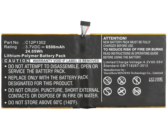 Batteries N Accessories BNA-WB-P5134 Tablets Battery - Li-Pol, 3.7V, 6500 mAh, Ultra High Capacity Battery - Replacement for Asus C12P1302 Battery