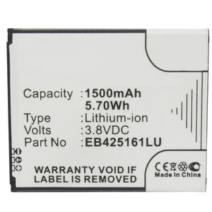 Batteries N Accessories BNA-WB-L3986 Cell Phone Battery - Li-ion, 3.8, 1500mAh, Ultra High Capacity Battery - Replacement for Samsung EB425161LA, EB425161LU Battery