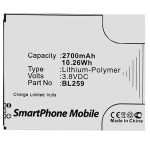 Batteries N Accessories BNA-WB-P3404 Cell Phone Battery - Li-Pol, 3.8V, 2700 mAh, Ultra High Capacity Battery - Replacement for Lenovo BL259 Battery