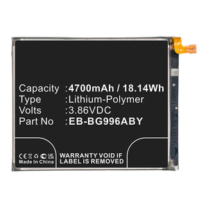 Batteries N Accessories BNA-WB-P13068 Cell Phone Battery - Li-Pol, 3.86V, 4700mAh, Ultra High Capacity - Replacement for Samsung EB-BG996ABY Battery