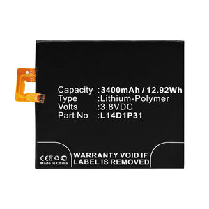 Batteries N Accessories BNA-WB-P12262 Cell Phone Battery - Li-Pol, 3.8V, 3400mAh, Ultra High Capacity - Replacement for Lenovo L14D1P31 Battery