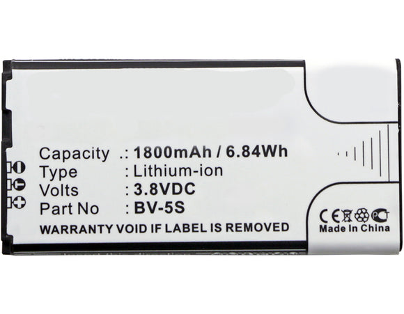 Batteries N Accessories BNA-WB-L3479 Cell Phone Battery - Li-Ion, 3.8V, 1800 mAh, Ultra High Capacity Battery - Replacement for Nokia BV-5S Battery
