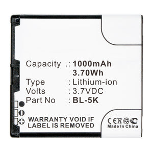 Batteries N Accessories BNA-WB-L16488 Cell Phone Battery - Li-ion, 3.7V, 1000mAh, Ultra High Capacity - Replacement for Nokia BL-5K Battery