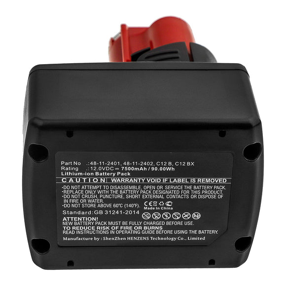 Batteries N Accessories BNA-WB-L15293 Power Tool Battery - Li-ion, 12V, 7500mAh, Ultra High Capacity - Replacement for Milwaukee 48112401 Battery