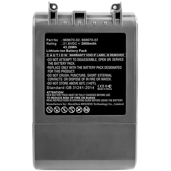 Batteries N Accessories BNA-WB-L8677 Vacuum Cleaners Battery - Li-ion, 21.6V, 2000mAh, Ultra High Capacity Battery - Replacement for Dyson 968670-02, 968670-03 Battery