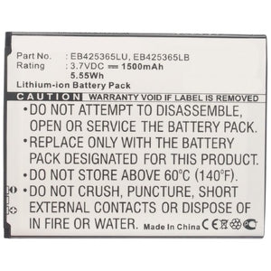 Batteries N Accessories BNA-WB-L4033 Cell Phone Battery - Li-ion, 3.7, 1500mAh, Ultra High Capacity Battery - Replacement for Samsung EB425365LB, EB425365LU Battery