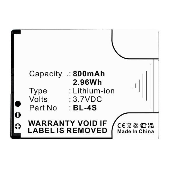 Batteries N Accessories BNA-WB-L16483 Cell Phone Battery - Li-ion, 3.7V, 800mAh, Ultra High Capacity - Replacement for Nokia BL-4S Battery