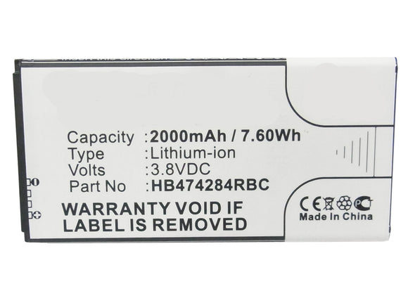 Batteries N Accessories BNA-WB-L3821 Cell Phone Battery - Li-ion, 3.8, 2000mAh, Ultra High Capacity Battery - Replacement for Huawei HB474284RBC Battery