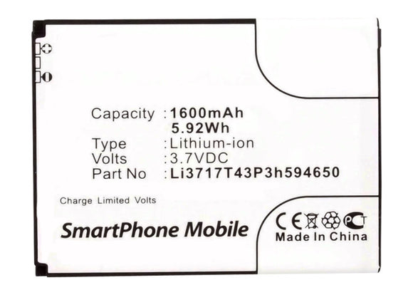 Batteries N Accessories BNA-WB-L4050 Cell Phone Battery - Li-ion, 3.7, 1600mAh, Ultra High Capacity Battery - Replacement for Amazing Li3716T42P3h594650 Battery