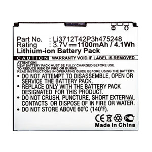 Batteries N Accessories BNA-WB-L14102 Cell Phone Battery - Li-ion, 3.7V, 1100mAh, Ultra High Capacity - Replacement for ZTE Li3712T42P3h475248 Battery