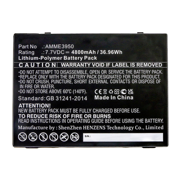 Batteries N Accessories BNA-WB-P14329 Tablet Battery - Li-Pol, 7.7V, 4800mAh, Ultra High Capacity - Replacement for Zebra AMME3950 Battery