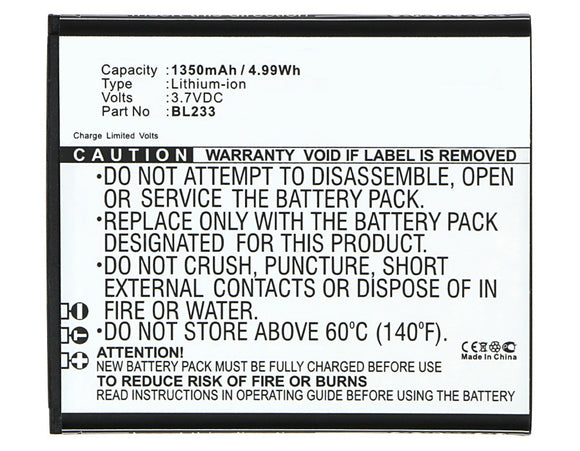 Batteries N Accessories BNA-WB-L3414 Cell Phone Battery - Li-Ion, 3.7V, 1350 mAh, Ultra High Capacity Battery - Replacement for Lenovo BL233 Battery