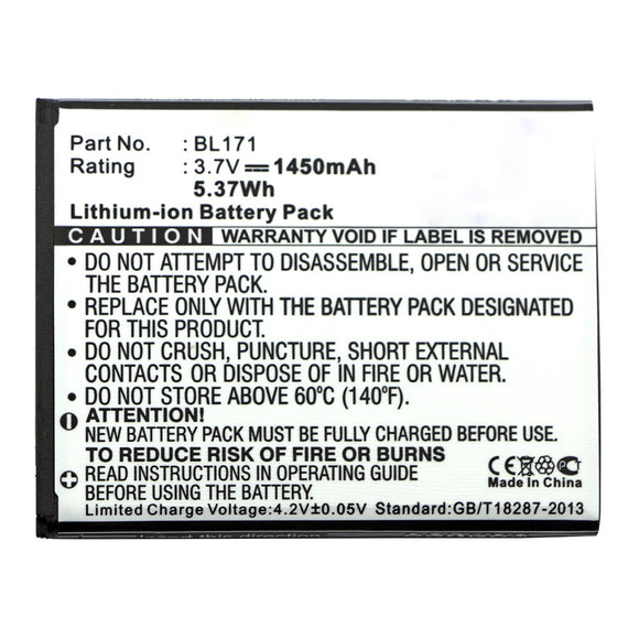 Batteries N Accessories BNA-WB-L12225 Cell Phone Battery - Li-ion, 3.7V, 1450mAh, Ultra High Capacity - Replacement for Lenovo BL171 Battery