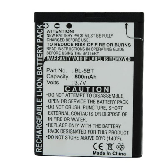 Batteries N Accessories BNA-WB-L16490 Cell Phone Battery - Li-ion, 3.7V, 800mAh, Ultra High Capacity - Replacement for Nokia BL-5BT Battery